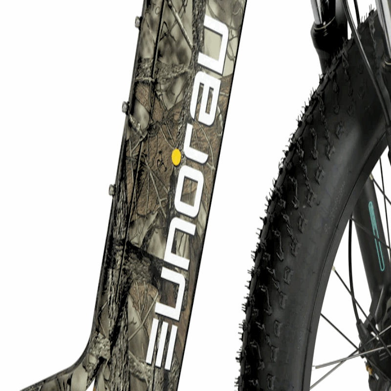 Close-up of the camo-patterned frame of an e-bike featuring the EUNORAU logo, with a large fat tire and integrated LG battery cells, ensuring reliability, performance, and durability.