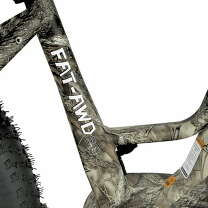 Close-up of the FAT-AWD 2.0 e-bike frame in a camo pattern, highlighting the thick, rugged fat tires designed for all-terrain riding and enhanced traction.