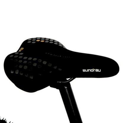 Close-up of a EUNORAU branded e-bike saddle featuring a sleek, ergonomic design for rider comfort, with dotted texture accents for added grip and style.