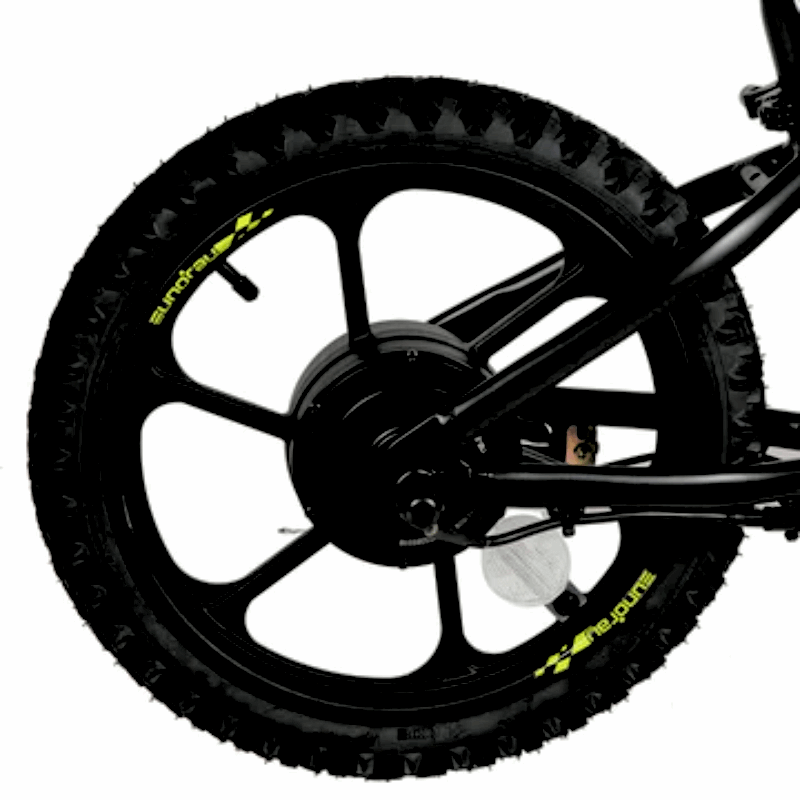 Close-up of an e-bike's integrated rear wheel design, enhancing structural integrity and streamlining the production and assembly process.