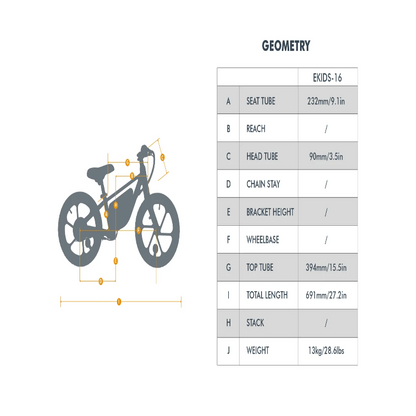 Diagram showing the geometry specifications of the EKIDS-16 e-bike, including seat tube length (232mm/9.1in), head tube length (90mm/3.5in), top tube length (394mm/15.5in), total length (691mm/27.2in), and weight (13kg/28.6lbs).