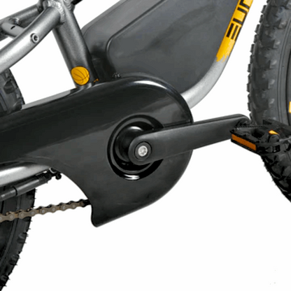 Close-up of an e-bike's chain guard protecting the chain ring teeth from impacts and strikes, enhancing durability and safety.