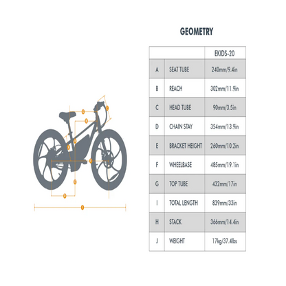 Diagram displaying the geometry specifications of the EKIDS-20 e-bike, including seat tube length (240mm/9.4in), reach (302mm/11.9in), head tube (90mm/3.5in), chain stay (354mm/13.9in), bracket height (260mm/10.2in), wheelbase (485mm/19.1in), top tube (432mm/17in), total length (839mm/33in), stack (366mm/14.4in), and weight (17kg/37.4lbs).