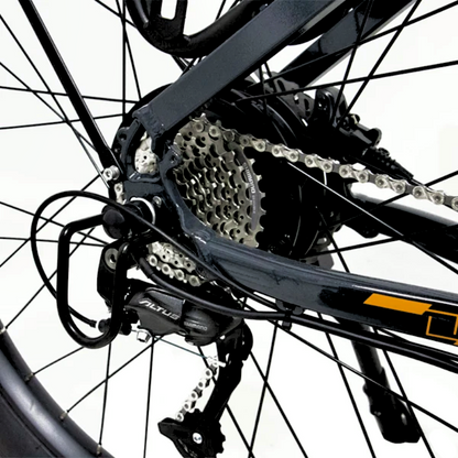 Rear derailleur and gear system of the META275 eBike for smooth shifting.