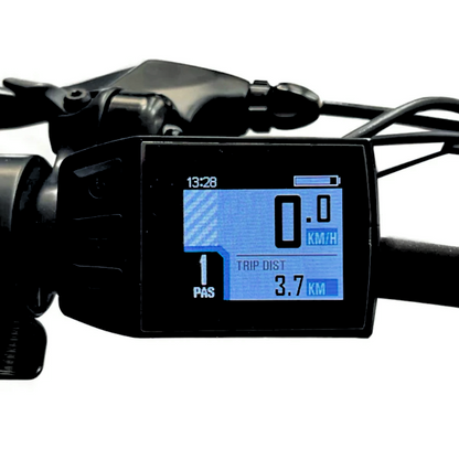 Close-up view of the META275 eBike handlebar display showing PAS mode, speed, and trip distance.