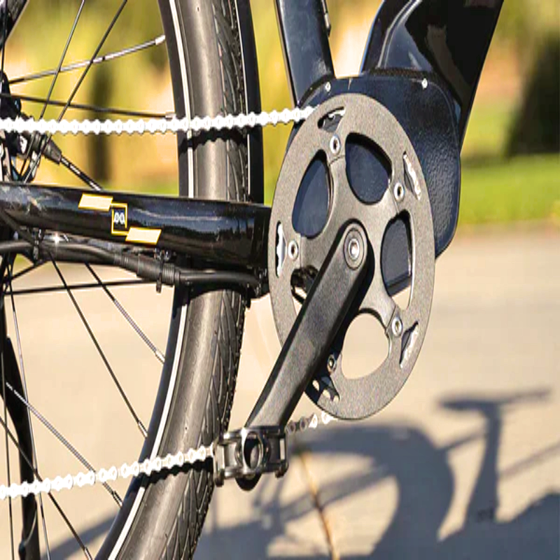 Close-up of the META275 eBike chainring and pedal system.