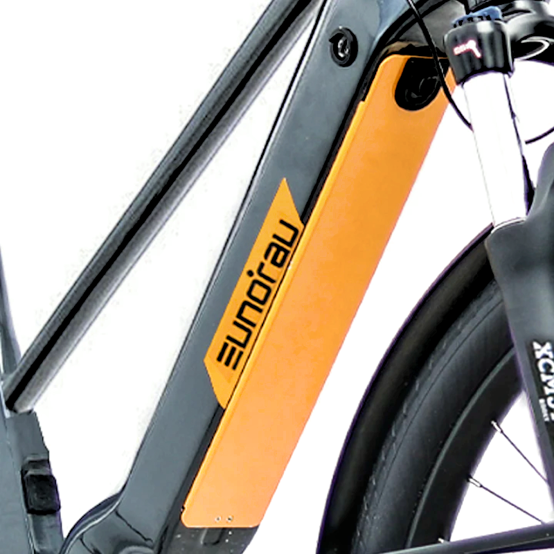 Close-up of the META275 eBike downtube with EUNORAU branding and integrated battery.