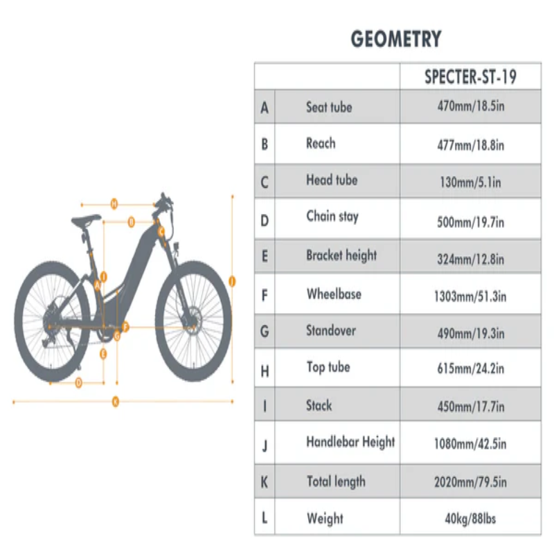 Geometry chart of the SPECTER-ST eBike showing dimensions such as seat tube, reach, and total length.