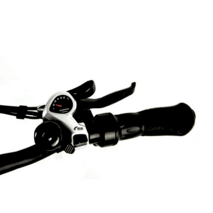 Close-up of the right handlebar with gear shifter and brake lever of the eTRIKE.