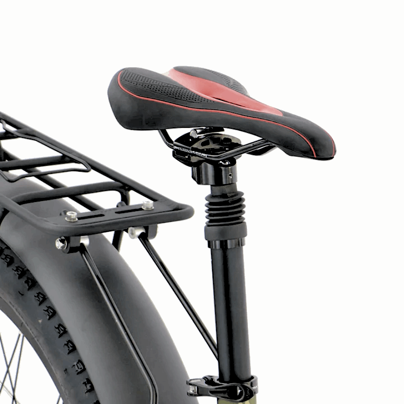 Saddle and rear rack view of the FAT-AWD Winter E-Bike, highlighting the black and red seat and rear rack.