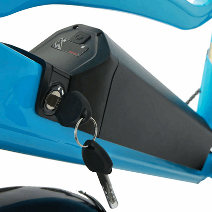 Close-up of the FAT-AWD Winter E-Bike’s battery with integrated key lock, mounted on the frame.