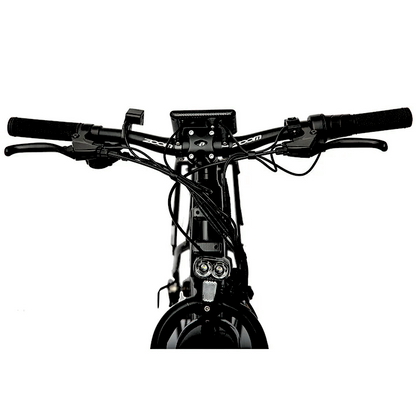 Close-up of the FAT-AWD Winter E-Bike handlebars, showcasing control buttons, brake levers, and wiring