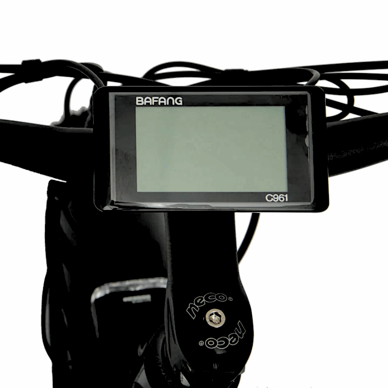 BAFANG display screen close-up on the FAT-AWD Winter E-Bike, mounted at the center of the handlebars.