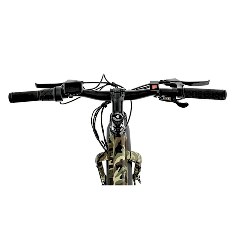 Handlebars of the camo-colored FAT-AWD Winter E-Bike, showing the controls and handlebar structure.