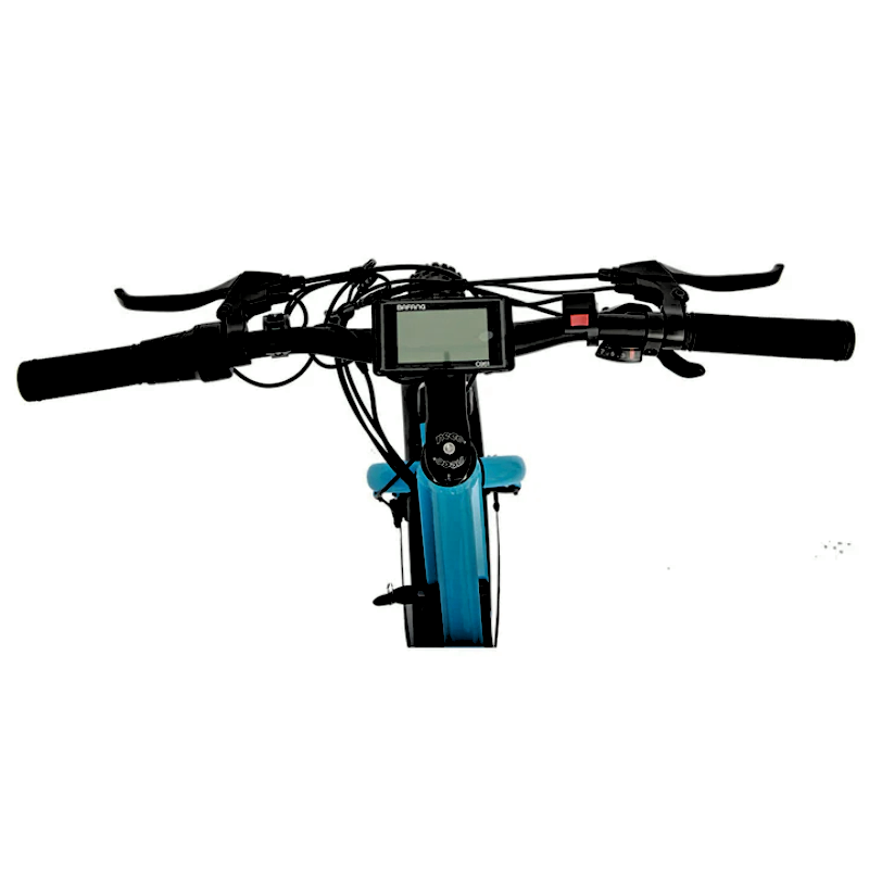 Handlebar view of the blue FAT-AWD Winter E-Bike, featuring the centered digital display and mounted controls.