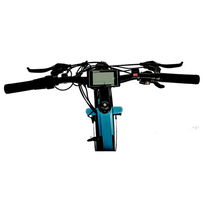 Handlebar view of the blue FAT-AWD Winter E-Bike, featuring the centered digital display and mounted controls.