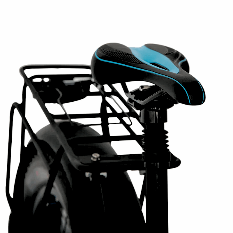 Rear view of the blue FAT-AWD Winter E-Bike saddle and rack, focusing on the seat and cargo rack.