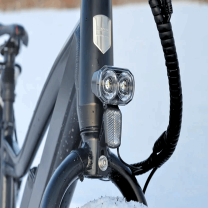 Front view of the dual headlights on the FAT-AWD Winter E-Bike, featuring the powerful lighting system.