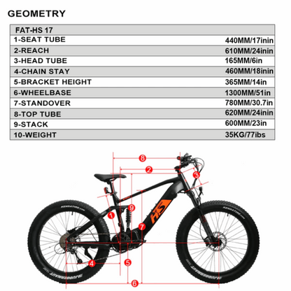 Technical geometry chart of the FAT-HS eBike, displaying measurements for components like the seat tube, wheelbase, top tube, and overall bike weight for technical specification reference.