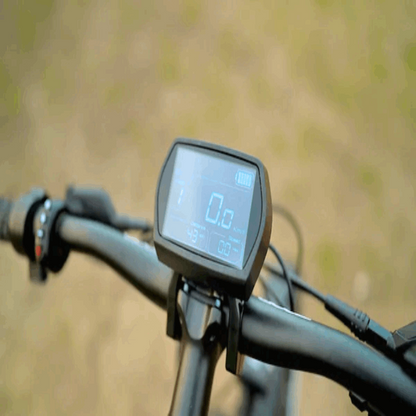 Close-up of the FAT-HS eBike's digital display screen, showing the speed and battery level on a bright LCD screen for monitoring the ride.