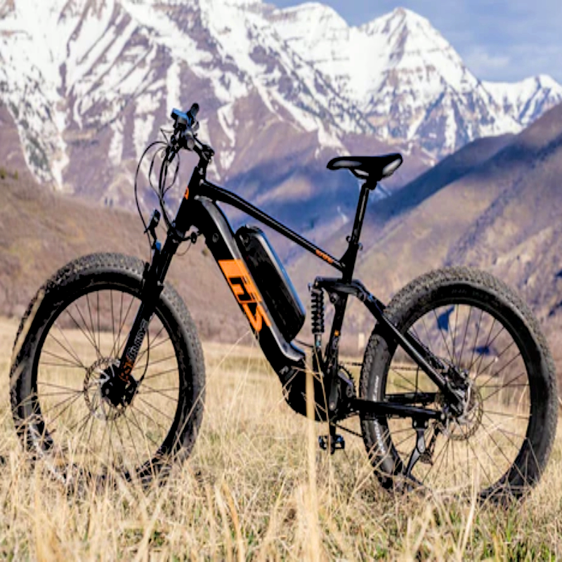 Side view of the FAT-HS eBike in a mountain setting, highlighting the rugged build of the eBike with fat tires and a full suspension setup, designed for mountain biking.