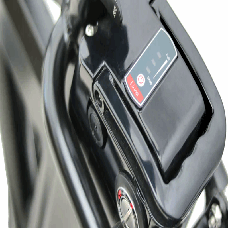 Close-up of the lithium-ion battery on the FAT-MN Folding eBike with visible charge level indicators.