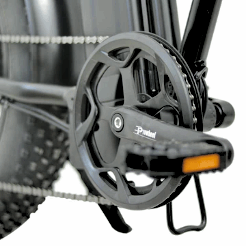 Pedal and chainring of the FAT-MN Folding eBike, illustrating its durable construction and efficient power transfer.