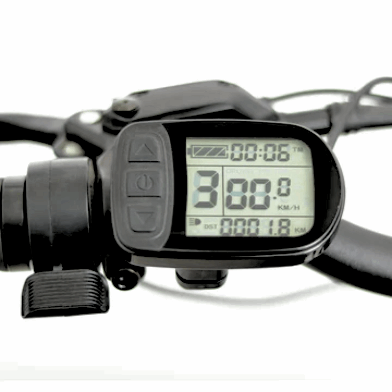 Close-up of the digital display on the FAT-MN Folding eBike showing speed, battery level, and distance information.