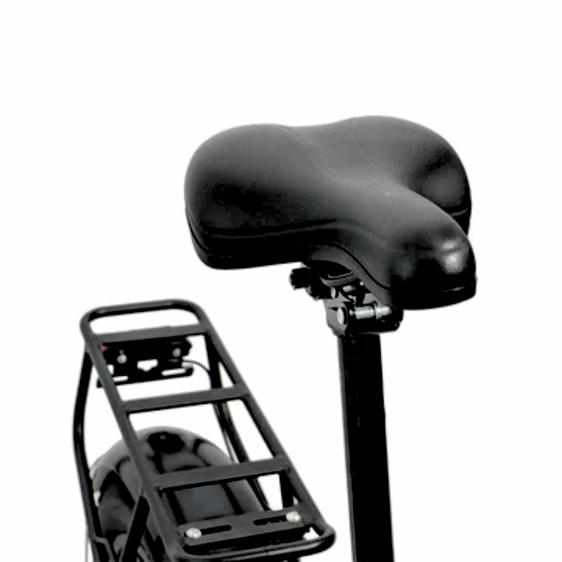 Ergonomic saddle and rear cargo rack of the FAT-MN Folding eBike, emphasizing comfort and utility for carrying gear.