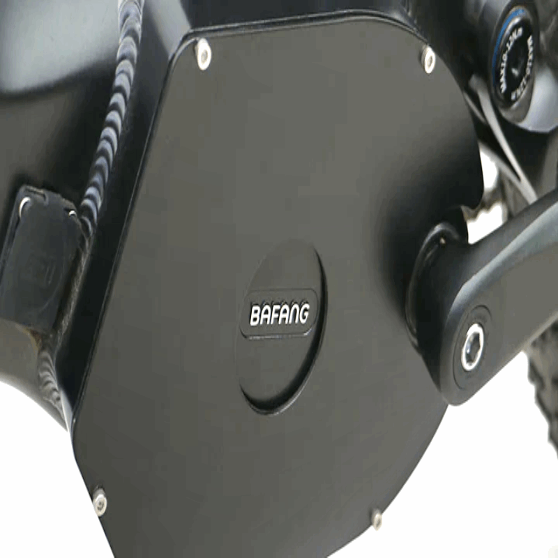 Close-up of the Bafang mid-drive motor on the FAT-HS eBike, showcasing the motor branding and sleek black casing integrated into the bike frame.