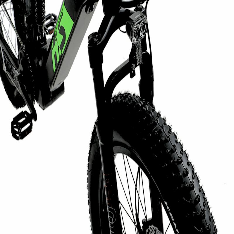 Close-up of the FAT-HS eBike's front suspension fork and tire, with the focus on the rugged fat tire and front fork.