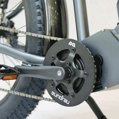 Side view of the FAT-HD eBikeâ€™s black crankset, labeled "Eunorau," connected to the chain and Bafang mid-drive motor.