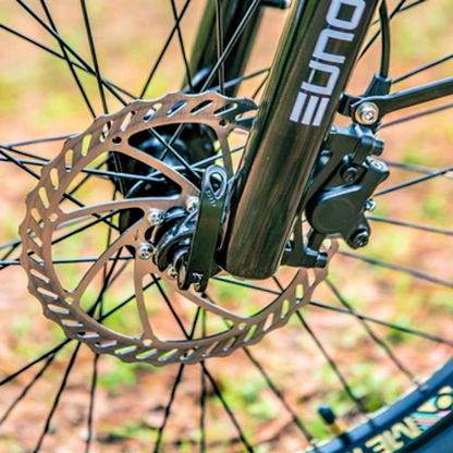 Close-up of the front disc brake and wheel on an EUNORAU eBike.