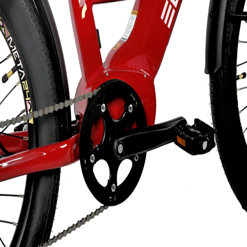 Close-up of the crankset and chainring of the red EUNORAU eBike, showing the pedal and chain linked to the rear wheel.