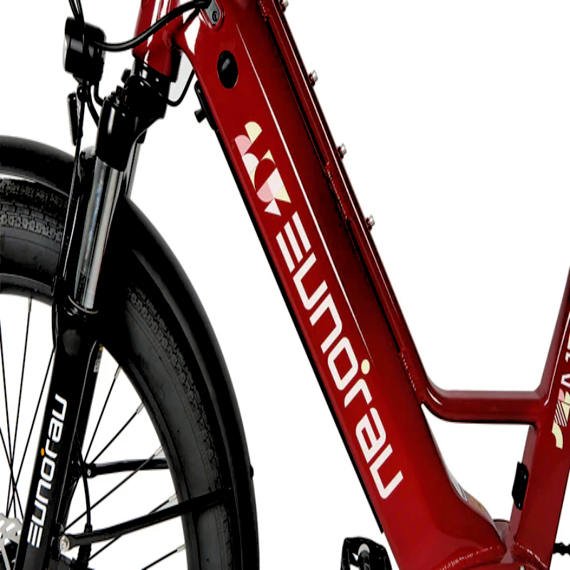 Close-up view of the red EUNORAU eBike frame, showing the front suspension fork and the large EUNORAU logo prominently displayed on the side.