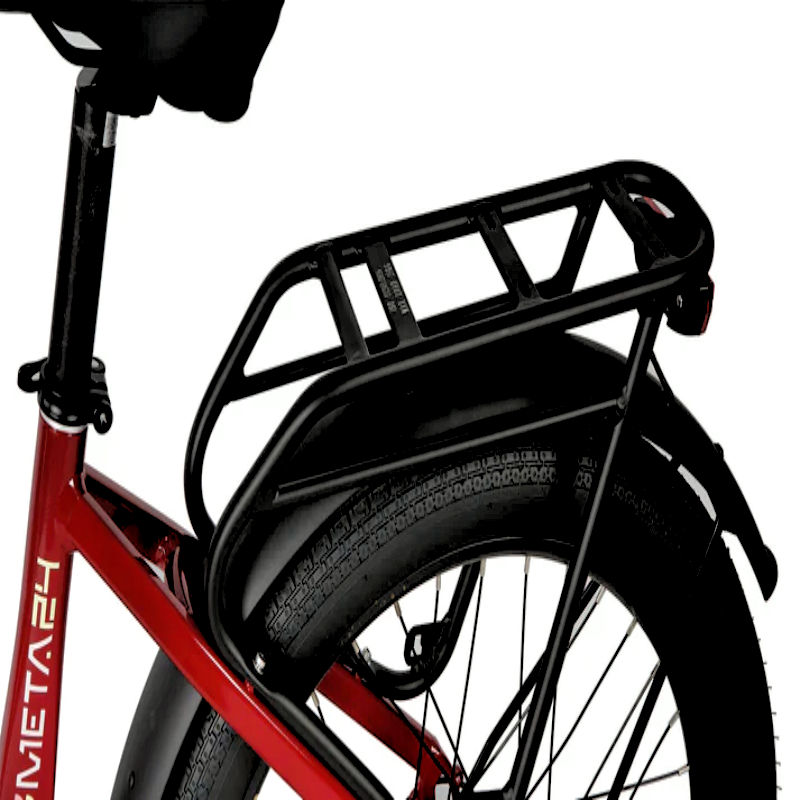 Rear view of the black luggage rack mounted above the rear tire of the red EUNORAU eBike, showing the sturdy frame design.