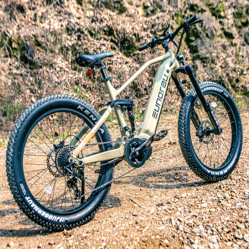 This features a durable frame and full suspension, making it ideal for off-road adventures. The mid-drive motor offers balanced weight distribution and power efficiency. With wide tires and a sturdy build, it's designed for tackling rugged terrains while ensuring a comfortable ride. The integrated battery enhances both aesthetics and performance.