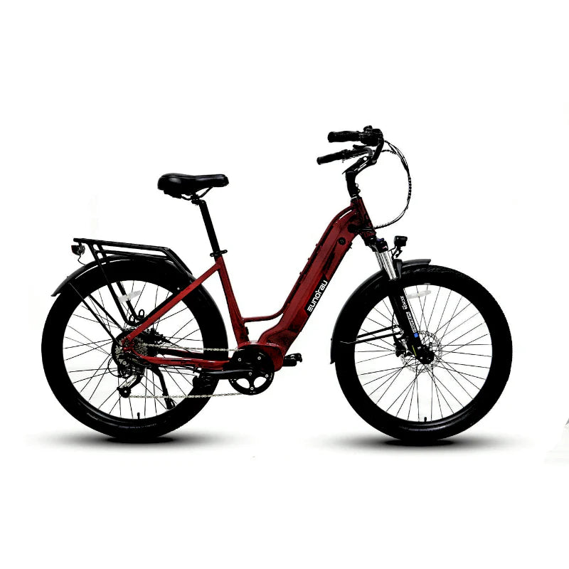 This step-through electric bike, ideal for easy mounting and dismounting. It features front suspension for a smoother ride and full fenders for protection against splashes. The integrated rear rack offers practical cargo options, making it suitable for urban commuting or leisurely rides. Its design focuses on comfort and accessibility.