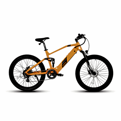 Side view of the Eunorau Defender full-suspension orange electric mountain bike with 3-inch tires, featuring a sleek frame design, ideal for urban and off-road trails.