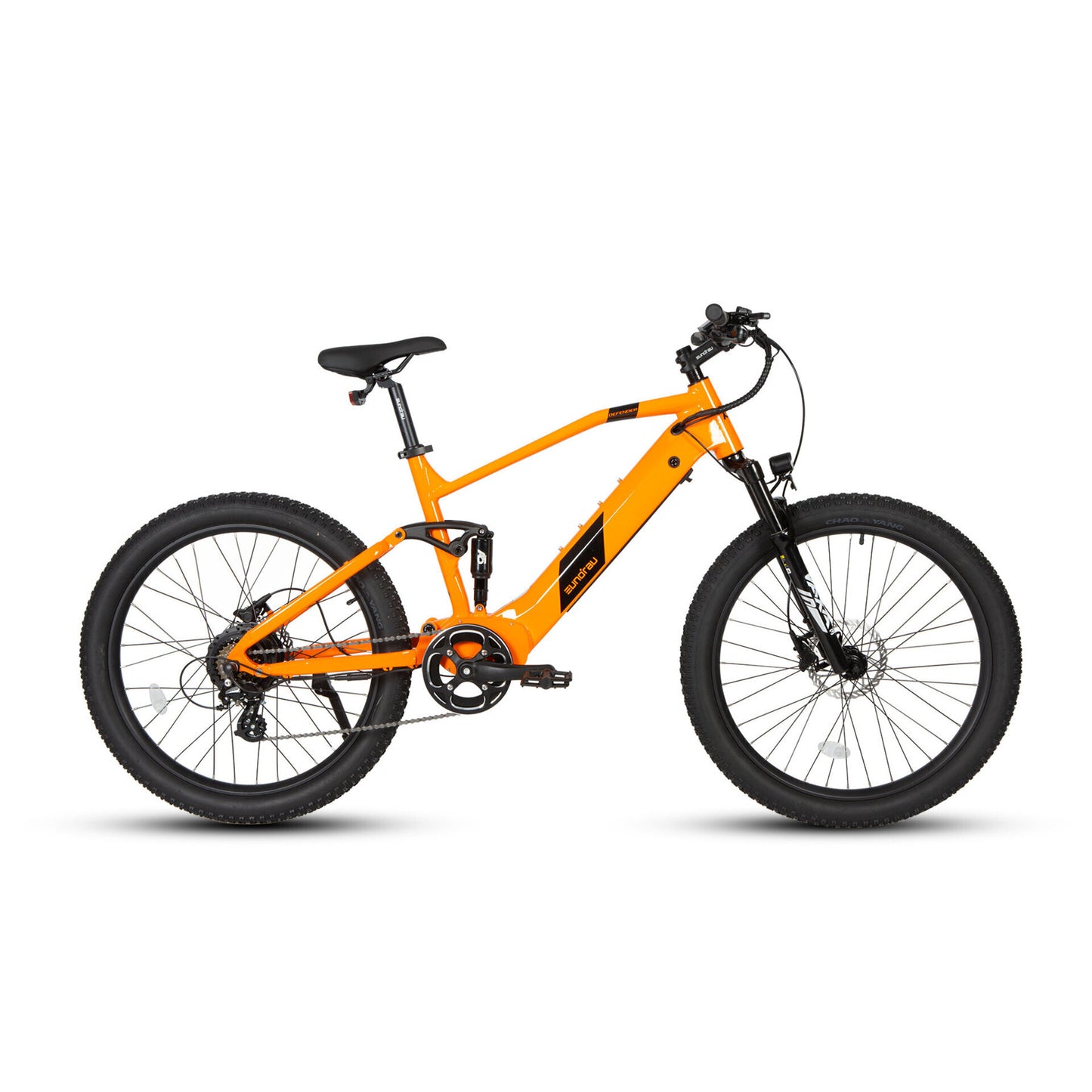 Side view of the orange Eunorau Defender full-suspension 500W motor electric mountain bike with 3-inch fat tires, highlighting its all-terrain capabilities and powerful design for off-road trails.