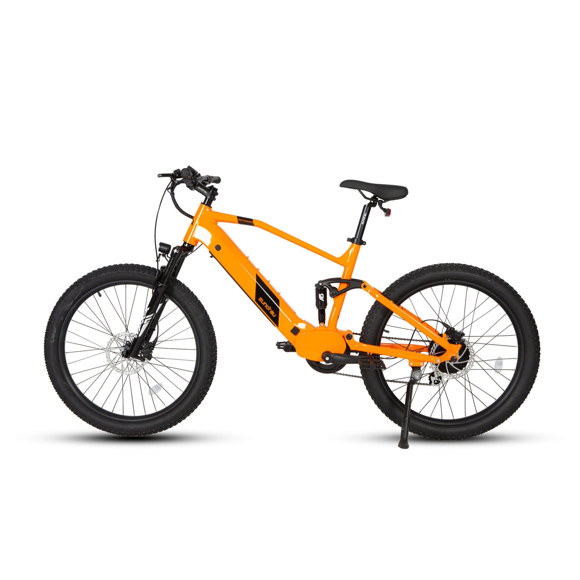 Side view of the orange Eunorau Defender e-bike with full suspension and a 500W motor, designed for all-terrain riding with 3-inch fat tires and 180mm hydraulic disc brakes for smooth and controlled descents.