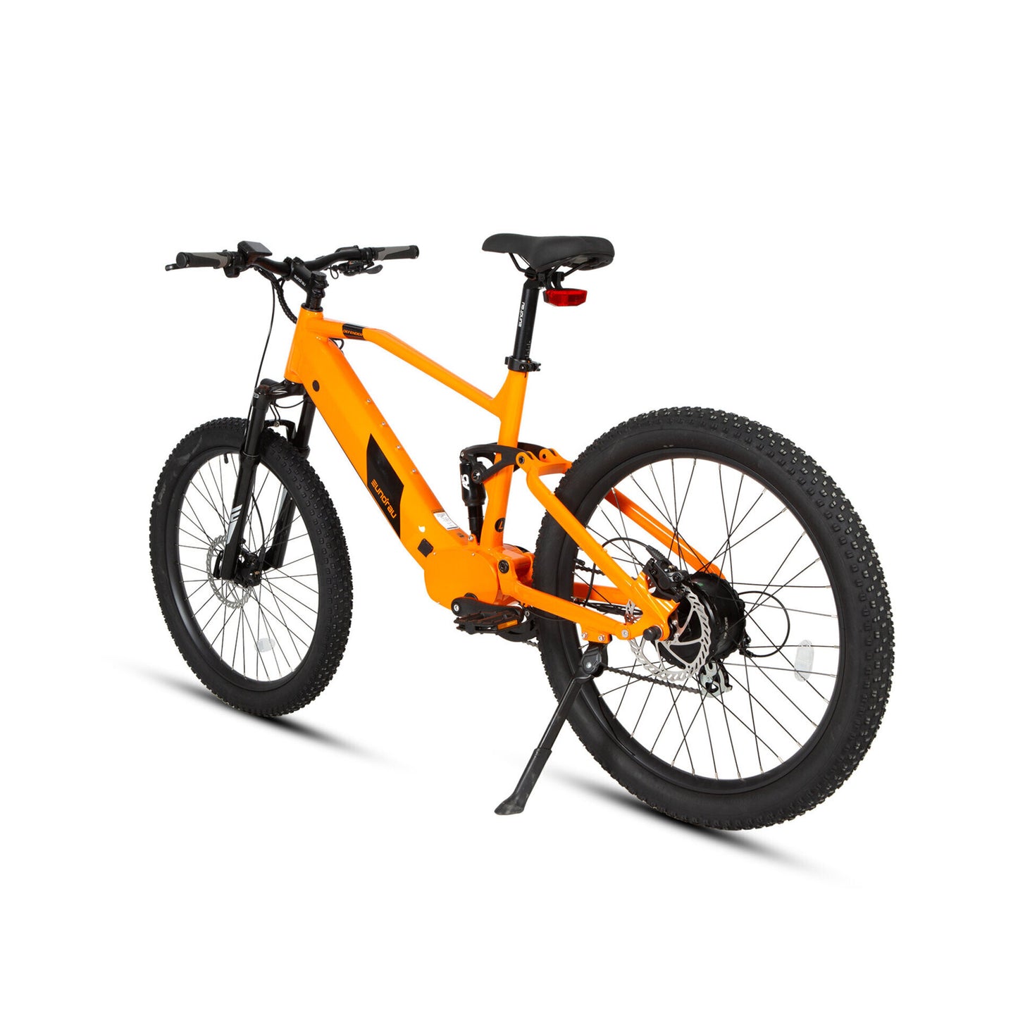 Rear angled view of the orange Eunorau Defender full-suspension e-bike, showcasing its 500W rear hub motor and hydraulic disc brakes for superior stopping power on challenging surfaces.