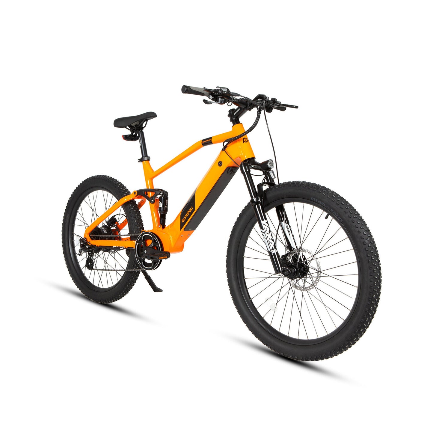 Front angled view of the orange Eunorau Defender e-bike with a 500W motor and hydraulic disc brakes, built for tackling rugged terrains and equipped with a dual-battery option for extended range.